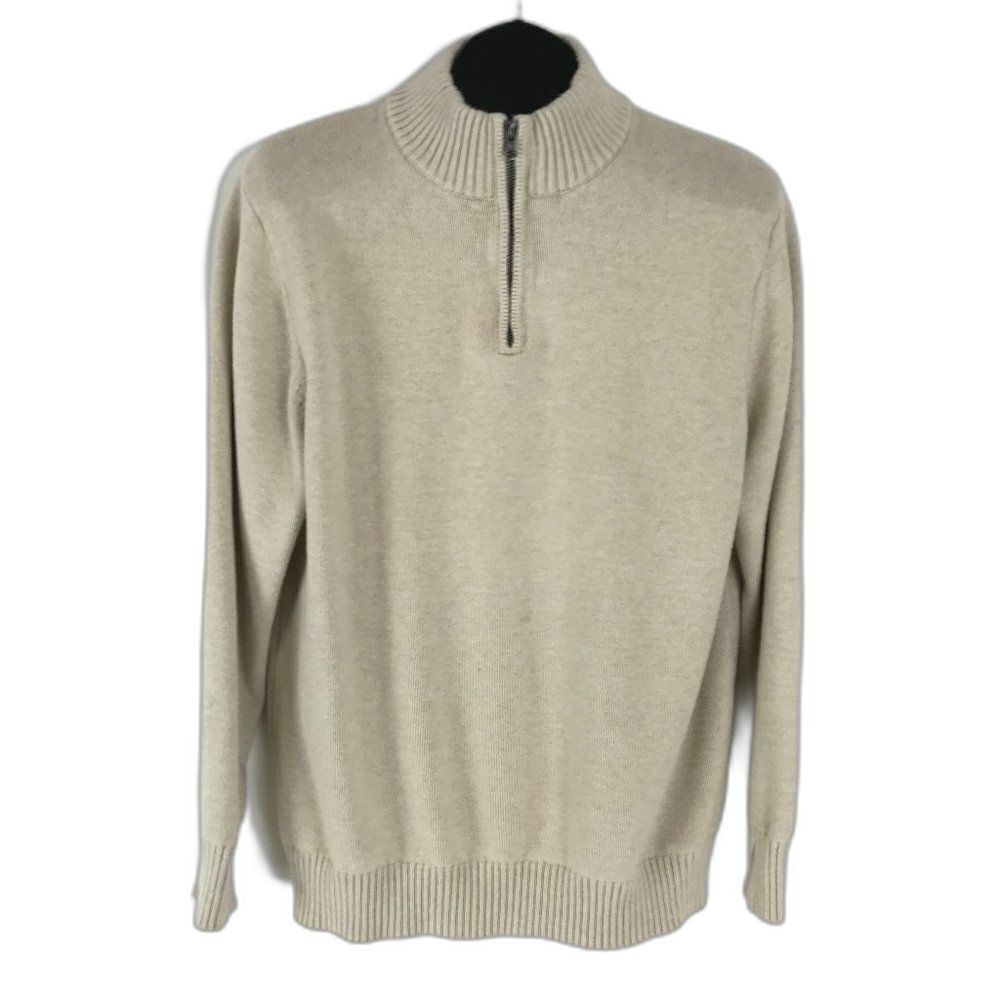 G.H. Bass Sweater Men's Large Pullover 100% Cotton Beige 1/4 Zip